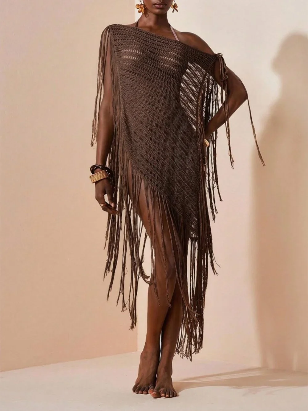 Rust Brown Elegant Women's Knit Off-Shoulder Tassel Cover-Up